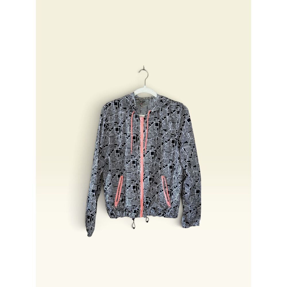 Women's Black White Geometric Print Hooded Windbreaker Jacket Pink Zip